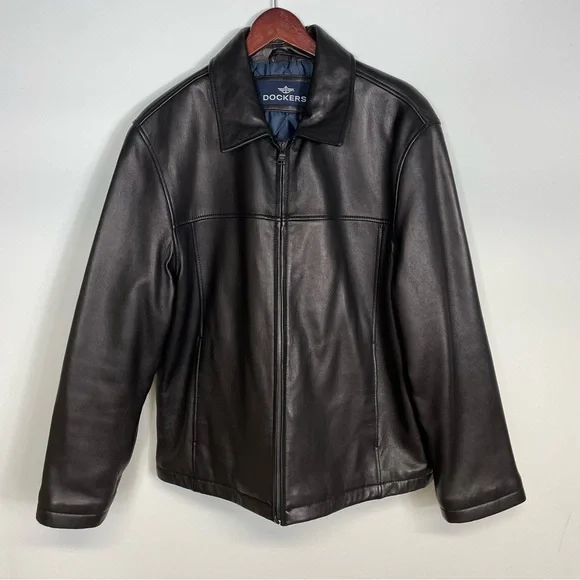 Dockers Men's Black Genuine Leather Full Zip Jacket Size Large